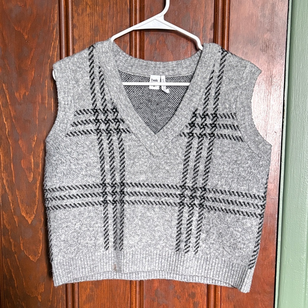 Twik Gray Plaid V-Neck Sweater Vest